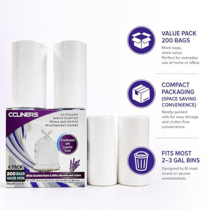 2.6 Gallon Lavender Scented Trash Bags (200 Count) White 2 Gallon Trash Bags Small Bathroom Wastebasket Bags Can Liners for Home Office Bins, 200 Bags - size: 1 Count (Pack of 200)