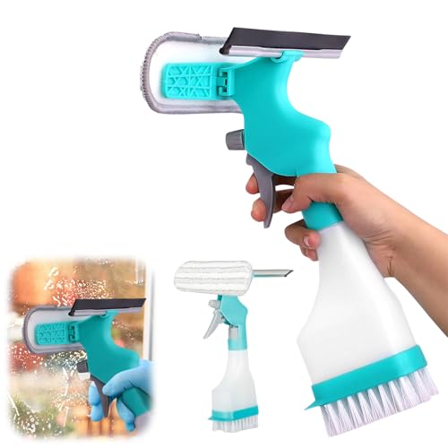 4 in 1 Window Cleaner Tool with Squeegee & Sprayer, 10" Streak-Free Scraper Kit with Microfiber Washer Head, Portable Multifunction Refillable Bottle for Glass/Shower/Car