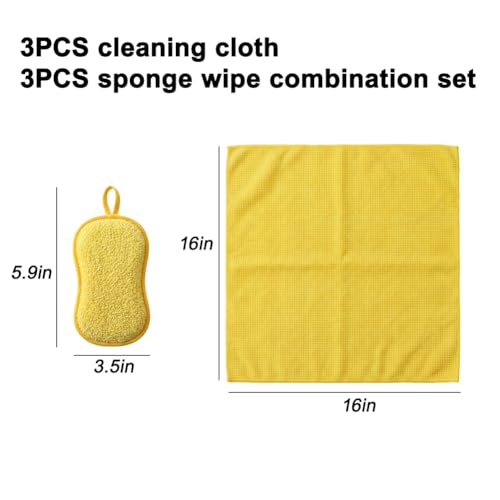 6Pcs Microfiber Cleaning Cloths & Sponges Set - 3Pcs Absorbent Towels + 3Pcs Dual-Sided Scrub Sponges - for Kitchen, Car, Bathroom, Dishes and Hard Surfaces(Yellow) - color: Yellow