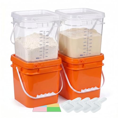 DEMORA 1Gallon Food Grade Square Plastic Bucket with Lid, Clear Airtight Storage Container, Reusable Pail for Kitchen Food Water Ice Cream Household Use 4Pcs (2 Orange+2 Transparent) - color: Orange+transparent