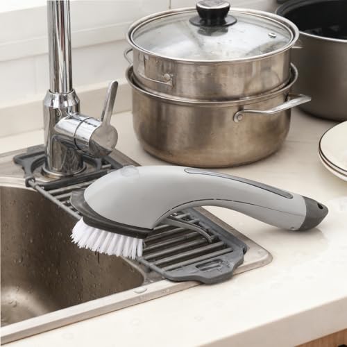 Soap Dispensing Dish Brush - Ergonomic Kitchen Scrub Brush with Soap Dispenser for Effortless Cleaning of Pots, Pans, Sinks & Bathtubs - Green/Gray - color: Gray