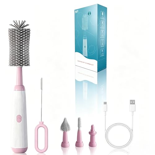 Electric Bottle Brush Set, 6-in-1 Electric Cleaning Brush with Waterproof Silicone Cleaner, 3 Replaceable Brush Heads, Straw Brush & Extension Rod, for Baby Feeding Accessories and Kitchen Utensils - color: Light Pink