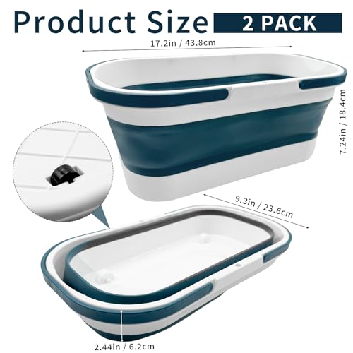 2 Pack Collapsible Plastic Bucket, Large Foldable Cleaning Mop Container, 3.17 Gal Rectangular Portable Water Pail with Handle for House Laundry Fishing Camping Car Washing Storage Green, Grey