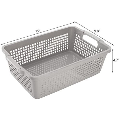 Hedume 4 Pack Plastic Storage Baskets with Handle, 15”x9.8”x4.7” Pantry Storage Bins, Closet Baskets, Large Organization Basket for Nursery, School, Office