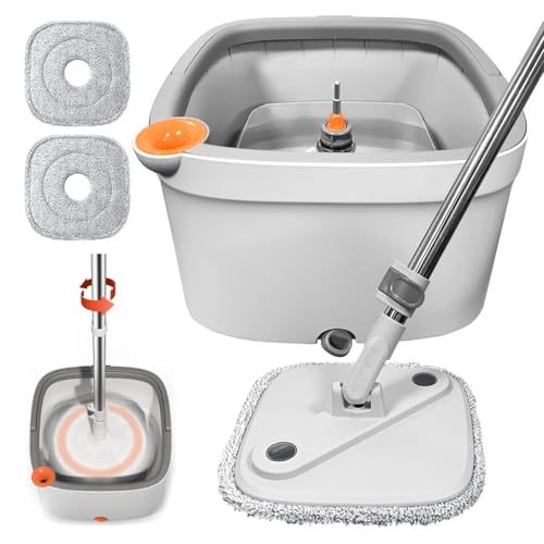 Spin Mop and Bucket with M16 Self Separation Dirty and Clean Water System with 2Pads, Self Wringing 360° Rotating Clean Mop-Head and Bucket Set for Hardwood Tile Marble Floors Mop-Grey - size: Grey Mop Set with 2 Pads
