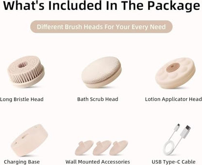 Electric Body Brush Back Scrubber for Shower, Waterproof Long Dual Handle Body Scrubber with 3 Heads, Bath Brush & 2 Speeds, for Cleansing, Exfoliating and Massaging Skin, Chrysanth Pink