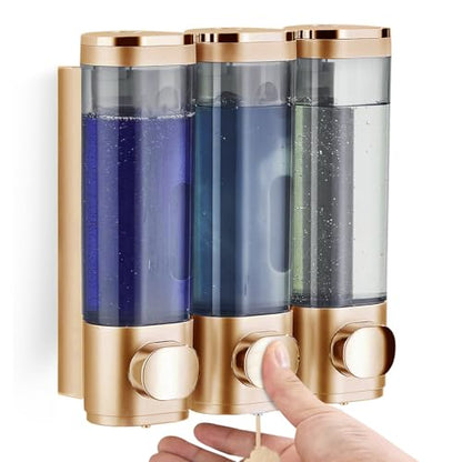 Shower Soap Dispenser Wall Mounted Shampoo and Conditioner Dispenser No Drill 3 Chamber Large Capacity for Bathroom Hotel, Gold - color: Gold