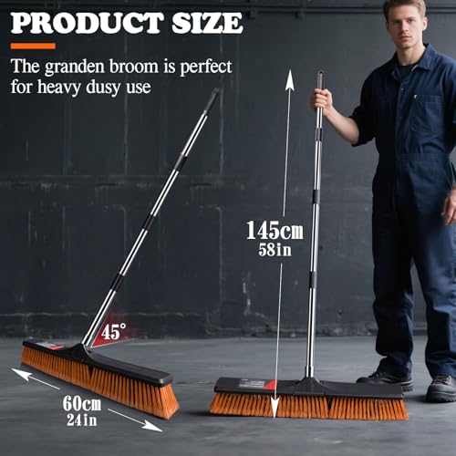 MASTERTOP 24" Heavy Duty Push Broom with Ultra-Sturdy Adjustable Handle, 6-Layer Stiff Bristles Garden Yard Broom, Outdoor Sweeping Brush for Garage, Patio, Driveway, Warehouse, Deck, Tile & Concrete - color: Push Broom Orange