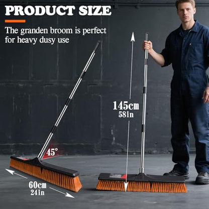 MASTERTOP 24" Heavy Duty Push Broom with Ultra-Sturdy Adjustable Handle, 6-Layer Stiff Bristles Garden Yard Broom, Outdoor Sweeping Brush for Garage, Patio, Driveway, Warehouse, Deck, Tile & Concrete - color: Push Broom Orange