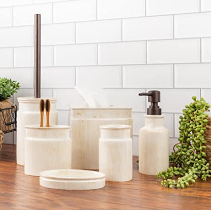 Rustic Luxe Toilet Brush and Holder Set - Beige Toilet Bowl Cleaner Brush with Strong Metal Handle - Long Bristles Toilet Bowl Brush and Holder - Rustic Farmhouse Decor - color: Distressed White