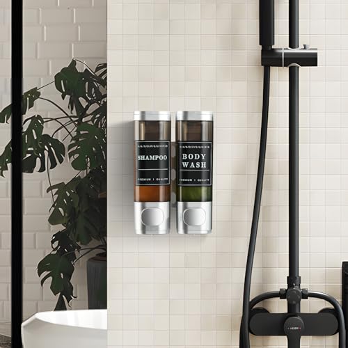 Shampoo and Conditioner Dispenser,Unisence Shower Dispenser 2 Chamber No Drill Wall-Mounted Shampoo Dispenser for Shower Wall Mounted Body Wash Dispenser for Bathroom Hotel Large Capacity,Silver - color: Matte Silver 2 Chamber