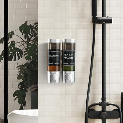 Shampoo and Conditioner Dispenser,Unisence Shower Dispenser 2 Chamber No Drill Wall-Mounted Shampoo Dispenser for Shower Wall Mounted Body Wash Dispenser for Bathroom Hotel Large Capacity,Silver - color: Matte Silver 2 Chamber