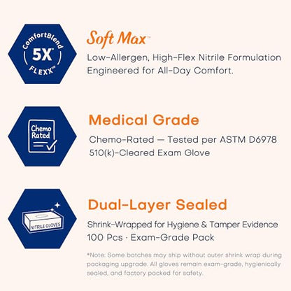 Supmedic Medical Soft Max™ Nitrile Exam Gloves, 100 Count Latex-Free Powder-Free Non-Sterile Food Safe Disposable Glove, Blue - color: Blue (X-large)