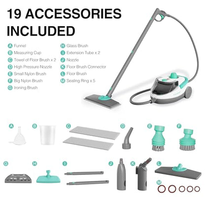 HAUSHOF Steam Cleaner, 1500W Powerful Steam Cleaner for Home with 19 Accessories & 51Oz Water Tank, Chemical-Free Multipurpose Portable Steambot for Floor, Tile, Grout, Couch, Window & Car