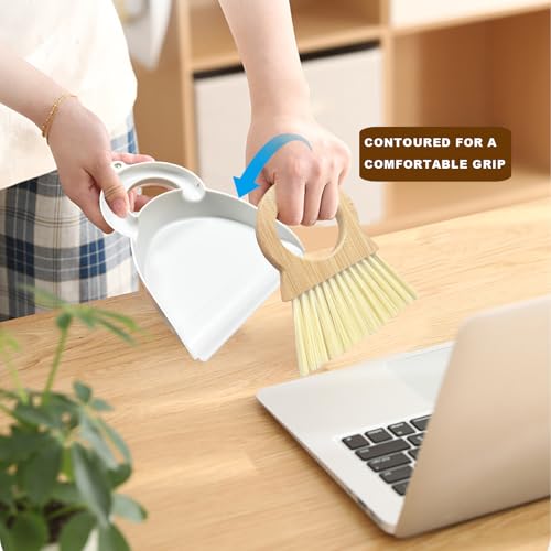 Mini Broom and Dustpan Set Bamboo Broom with Dustpan Combo Set Portable Hand Sweeper for Office Kitchen Dorm Home Quick Cleanups (White) - color: White