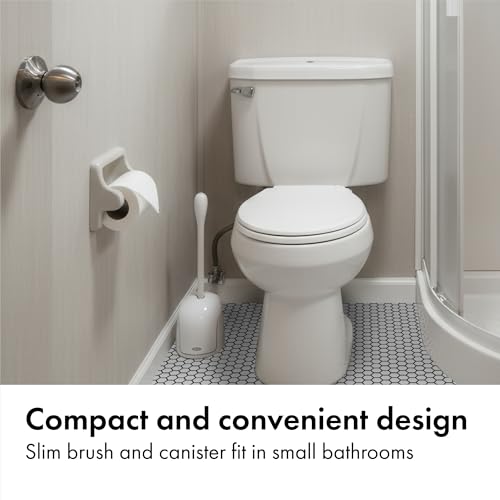 OXO Good Grips Compact Toilet Brush & Canister, Toilet Bowl Brush and Holder with Automatic Canister Door, Bathroom and Small Spaces Cleaning Supplies Essential - color: White, size: 1 Count (Pack of 1)