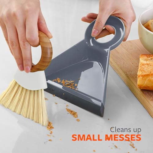 Full Circle Tiny Team Mini Compact Brush & Dustpan Set, Portable Handheld Broom for Quick Cleanups, Ideal for Home, Bathroom, Kitchen Countertops. Bamboo Hand Broom & Small Crumb Sweeper, White - color: White