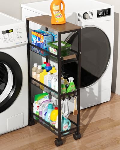 TIPGO Utility Slim Storage Cart, 4 Tier Rolling Cart with Wheels, Narrow Storage Cabinet for Bathroom, Laundry Shelves for Room Organization, Small Organizer for Kitchen, Office and Dorm (Black) - color: Black, size: 7.2''