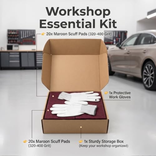6"x9" Maroon Scuff Pads, 320-400 Grit Very Fine, 20 Pack | Aluminum oxide pads for auto paint prep & wood sanding. Set includes exactly 20 scuff pads, work gloves & Kraft storage box.