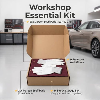 6"x9" Maroon Scuff Pads, 320-400 Grit Very Fine, 20 Pack | Aluminum oxide pads for auto paint prep & wood sanding. Set includes exactly 20 scuff pads, work gloves & Kraft storage box.
