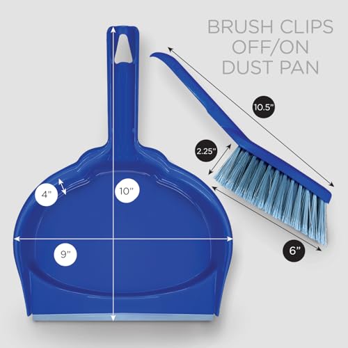LOLA Clip On Dust Pan & Brush Set, 6 Pack, w/Easy Dust, Dirt & Debris Catching Rubber Lip, Flagged Fiber Bristled Brush, Hang Hole for Easy Storage - size: 6 pack