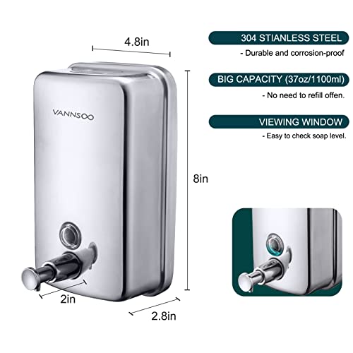 Commercial Soap Dispenser Wall Mount Stainless Steel Manual Liquid Pump Rust-Proof Leak Free for Bathroom (37 fl.oz./1100ml) - size: 37 fl oz