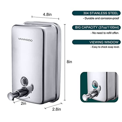 Commercial Soap Dispenser Wall Mount Stainless Steel Manual Liquid Pump Rust-Proof Leak Free for Bathroom (37 fl.oz./1100ml) - size: 37 fl oz