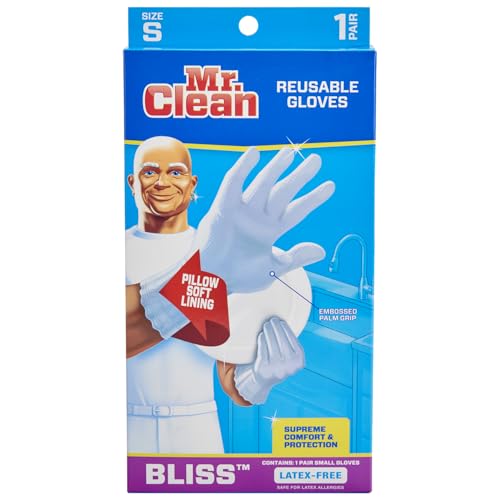 Mr. Clean, 243032 Bliss, Small Latex Free, Vinyl, Soft Ultra Absorbent Lining, Non- Slip Swirl Grip Gloves, (Small)