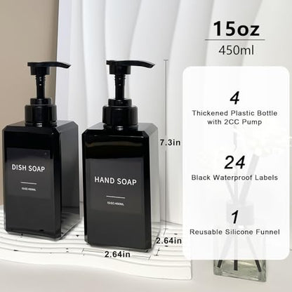 Black Soap Dispenser with Waterproof Labels, Thickened Plastic Hand Soap Dispenser for Bathroom, Kitchen Dish Washing Liquid Bottles, Shampoo and Conditioner Bottles with Funnel (15oz 4Pack Black) - color: 15oz 4 Pack Black