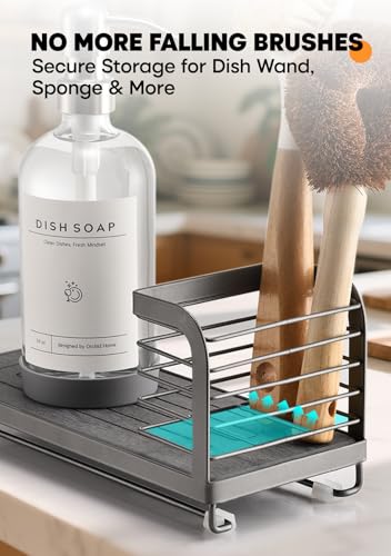 Kitchen Soap Dispenser Set with Drying Tray – 16oz Glass Bottles with Stainless Steel Pumps, Sink Organizer Caddy with Brush Holder & Non-Slip Feet – All-in-One Dish & Hand Soap Station - color: Grey Sink Caddy + Clear Bottle + Silver Pump