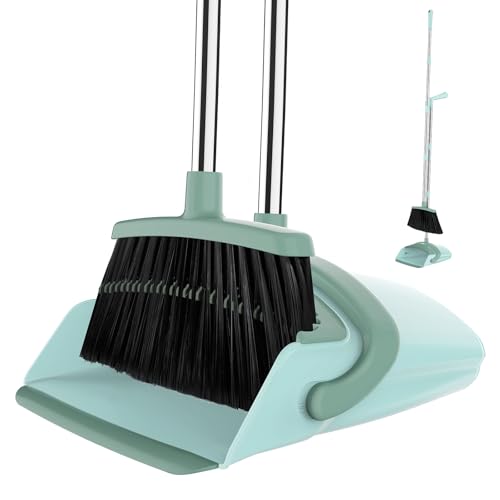 Broom and Dustpan Set for Home, 51-in Long Adjustable Handle Angle Broom and Dustpan Combo Set with Dust Pan Teeth to Clean Hair for Home Kitchen Office Lobby Floor Garden, Green - color: Green Grey