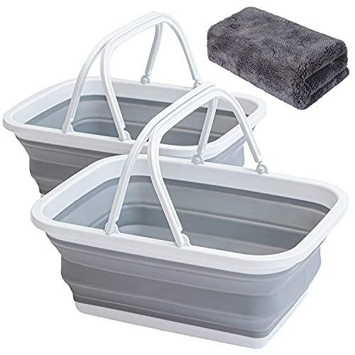 2 Pack Collapsible Sink with Handle Towel, 2.37 Gal / 9L Foldable Wash Basin for Washing Dishes, Camping, Hiking and Home Gray