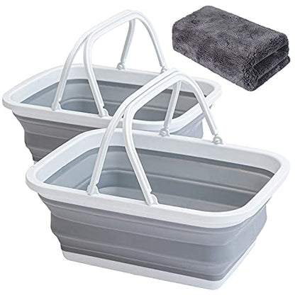 2 Pack Collapsible Sink with Handle Towel, 2.37 Gal / 9L Foldable Wash Basin for Washing Dishes, Camping, Hiking and Home Gray
