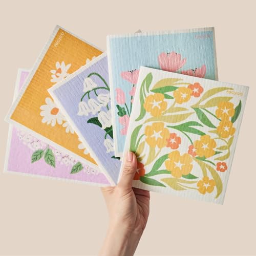 RECYCO Swedish Dishcloths for Kitchen | 5 Pack Matisse Floral Washable Dish Rags | Cellulose Reusable Cleaning Paper Towels | Absorbent Counter Dish Cloth Sponge Kitchen Wipes, 8" L x 7" W - color: Matisse Floral - 5 Pack