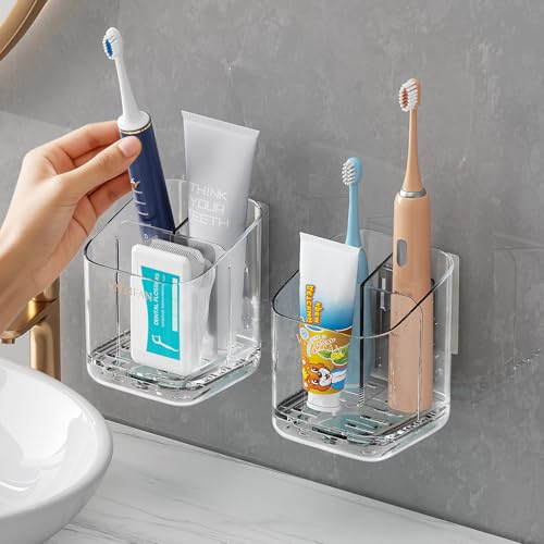 Toothbrush Holders for Bathrooms, 3 Slots Detachable Electric Toothbrush Holder Wall Mounted with Divider, Removable Tooth Brush and Toothpaste Holder Organizer for Bathroom/Kitchen/Office - color: Clear*2