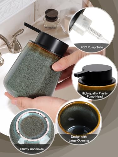 INGOFIN Ceramic Foaming Soap Dispenser -12oz Foam Hand Soap Dispenser Bathroom, Modern Refillable Dish Wash Soap Bottle for Kitchen with Large Pump -Kiln-Glazed Green - color: Kiln-glazed Blue Green-foam