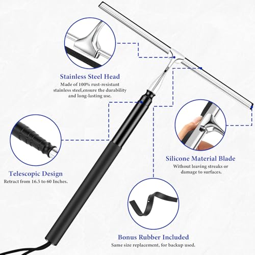 Shower Squeegee for Glass Doors, 2-in-1 Professional Window Cleaner Tool with Extension Pole, 14" Wide Window Washing Equipment for High Outside Glass, Solar Panels, Shower & Car Windshield