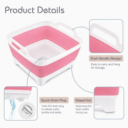 2.4 Gal(9L) Collapsible Dish Basin with Drain Plug, Space Saving Outdoor Multiuse Foldable Sink Tub, Dishpan, Kitchen Storage Tray for Camping, Vegetable Washing, RV (Pink) - color: Pink