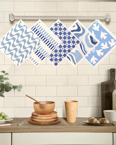 Miss Adola Swedish Dishcloths for Kitchen with Hooks - Reusable Dish Cloths for Washing Dishes Fast Drying Cute Fun 5 Pack Swedish Dish Towels Washable Cleaning Sponge, Blue Geometrical - color: Blue White Geometrical