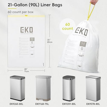 EKO 21 Gallon / 50-90 Liter, 60 Count Drawstring Trash Bags, Extra-Strong Garbage Bags, Lavender Scent with Continuous Odor Control, Easy-Dispense Roll for Kitchen and Household Use, Code G, White - size: 60 Count (Pack of 1), style: 21 Gallon Bags/Code G