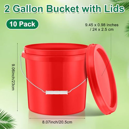 Tioncy 10 Pcs 2 Gallon Plastic Bucket with Lid Heavy Duty 2 Gallon Bucket Pail with Lid Handle for Storage Container Home Household Cleaning (Red) - color: Red