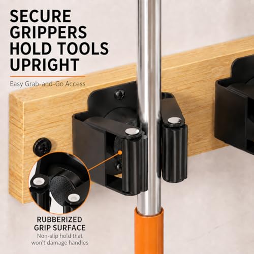 Broom Holder Wall Mount With Built-In Guardrail Shelf, Cleaning Supplies Organizer With 5 Mop Grippers, 6 Hooks And Vacuum Holder For Laundry Room Garage Pantry Kitchen