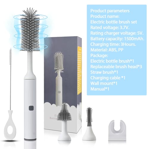 Electric Baby Bottle Brush Set with Rechargeable Electric Bottle Brush Cleaner and Replaceable Silicone Bottle Brushes and Straw Brush Cleaner, Waterproof Multi-Purpose Cleaning Brush (White) - color: White