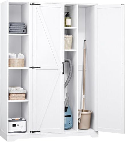 DWVO Broom Closet Storage Cabinet, Wooden Organizer for Ironing Board and Bucket Vacuum Cleaners, Double-Door Cleaning Cabinet for Laundry Rooms and Utility Spaces