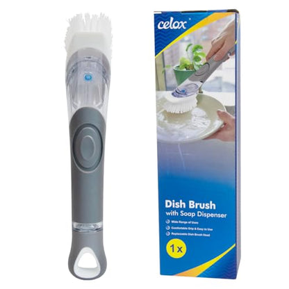 CELOX Soap Dispensing Dish Brush, Kitchen Brush for Dish Pot Pan Sink Cleaning, Gray