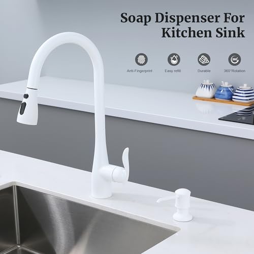 White Sink Soap Dispenser for Kitchen Sink (White), Built-in and Refill-from-Top Design with Liquid Hand & Dish Soap Bottle - color: White, size: with Bottle