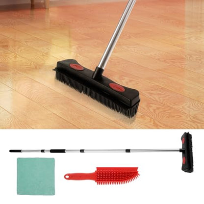 Rubber Broom with Squeegee Efficient Carpet Rake Broom with Adjustable Handle Practical Fur Remover Broom Reusable Detailing Lint Remover Brush Pet Hair Removal Broom for Pet Floor Carpet