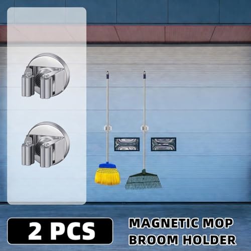 Vercraft 2 Pcs Magnetic Mop Broom Holder Movable Magnetic Broom Holder Rack, Anti Slip Wall Mounted Utility for Cleaning Tools, Garage, Kitchen, Laundry, Garden (Silver) - color: silver