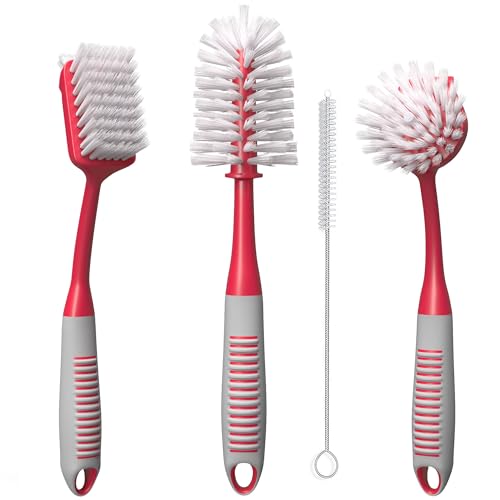 Dish Brush Set of 4 - Kitchen Scrub Brushes with Non-Slip Long Handle for Cleaning, Scrubber, Dishwashing, Dishes, Bottles, Straws, Cups, Pots & Sink, Red - color: Red, Set of 4