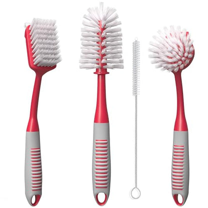 Dish Brush Set of 4 - Kitchen Scrub Brushes with Non-Slip Long Handle for Cleaning, Scrubber, Dishwashing, Dishes, Bottles, Straws, Cups, Pots & Sink, Red - color: Red, Set of 4